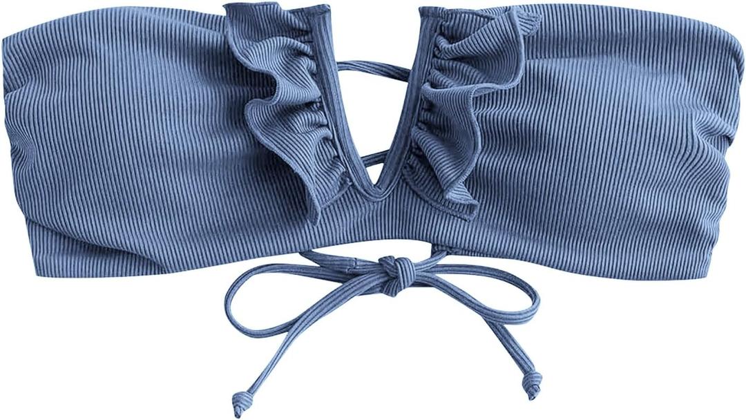 ZAFUL Women's Strapless Bandeau Bikini Top Ribbed V Wired Lace Up Ruffle Tie Swimsuits Bathing Suits Only Top (Medium, 0-purple)