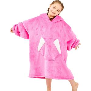 Ramees Wearable Blanket Hoodie for Kids, Sherpa Oversized Sweatshirt Blanket Flannel with Hood Pocket and Sleeves (Pink)