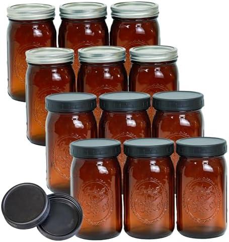 Jumterlee Only11Pack 32 oz Amber Mason Jars, Wide Mouth Mason Jars with Lids and Bands and 12 Black Plastic Mason Jar Lids, Canning Jars Used for Canning, Pickling, Juice, Jam, Jelly