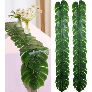 Artificial Palm Leaves Table Runners 72 Inch, Tropical Palm Leaves Table Runner Faux Leaf Table Cloth for Wedding Hawaiian Luau Theme Party Supply Summer Table Wall Decorations (2)