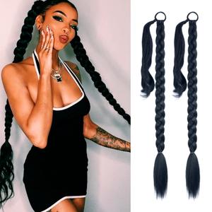 2 Pack Long DIY Braided Ponytail Extension with Hair Tie Straight Wrap Around Hair Extensions Ponytail(1B#)