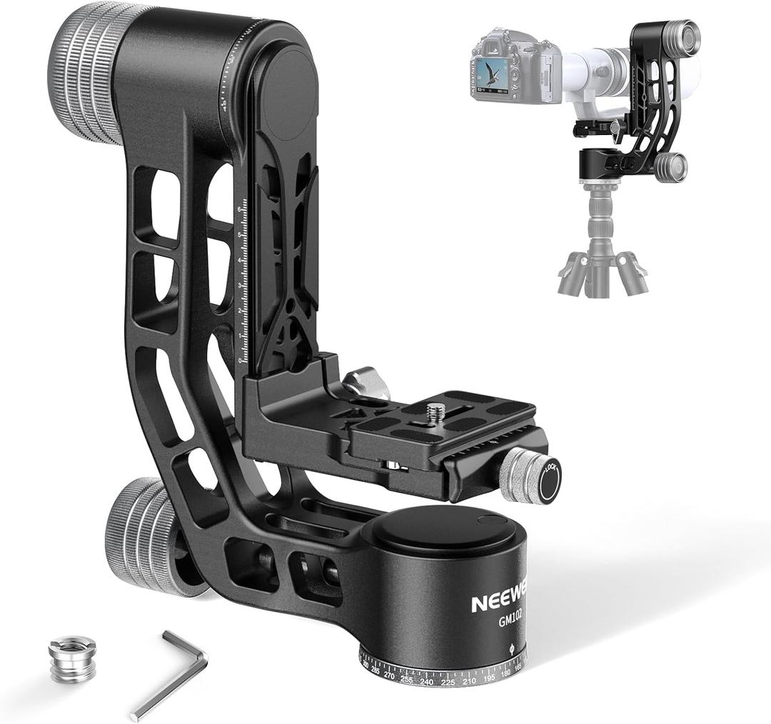 NEEWER GM102 Gimbal Head for Tripod Monopod Telephoto Lenses, 360 Panoramic Camera Tripod Head, 3 Axis Adjustment, Heavy Duty CNC Aluminum Alloy, Arca Type Quick Release System, Max Load 33lb/15kg