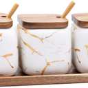 JFFLYIT 3 Pcs Sugar Bowls Ceramic Coffee Jar Set Ceramic Seasoning Jar with Lid Spoon and Tray/Food Storage Canister (White)