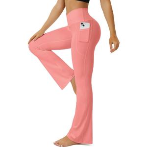 FOHOFO Yoga Pants Women, Flare Leggings for Women with Pockets Crossover High Waisted Bootcut Yoga Pants (Pink, XS)