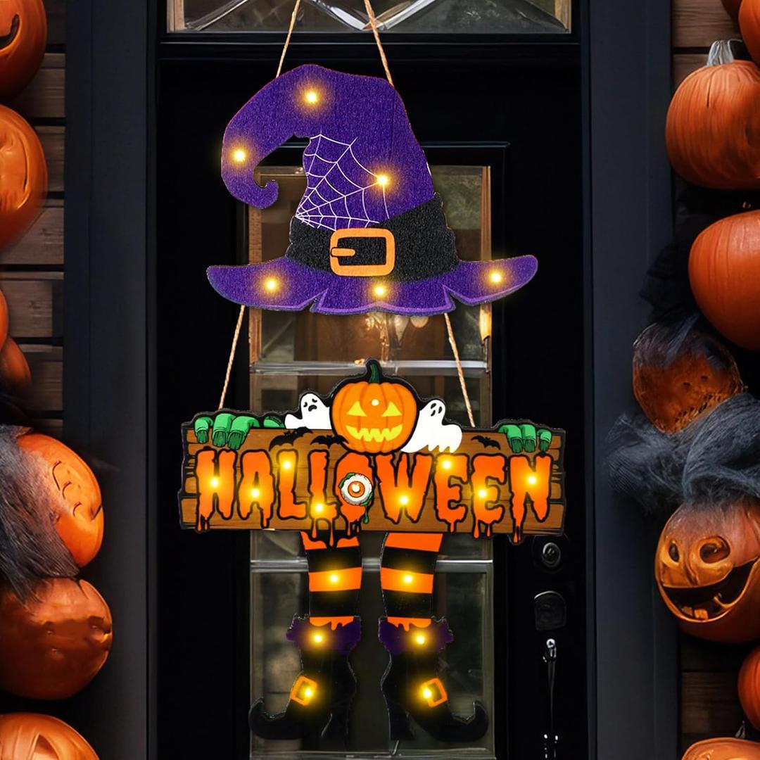 Led Halloween Witch Door Sign Light Up Halloween Door Hanger Wooden Halloween Wreath Decorations with Witch Hat and Legs for Front Door Wall Porch Decor(Purple, Witch Style)