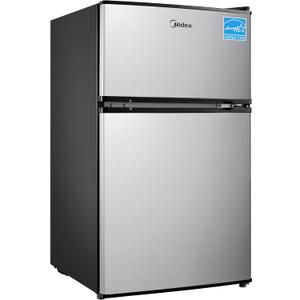 Midea WHD-113FSS1 Double Door Mini Fridge with Freezer for Bedroom Office or Dorm with Adjustable Remove Glass Shelves Compact Refrigerator, 3.1 cu ft, Stainless Steel