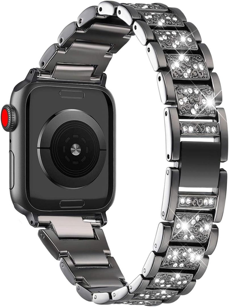 Bling Bands Compatible with Apple Watch Band 42mm/41mm/40mm/38mm Iwatch Series 11/10/9/8/7/SE/6/5/4/3/2/1, Women Metal Rhinestone Dressy Replacement Wristband, Black