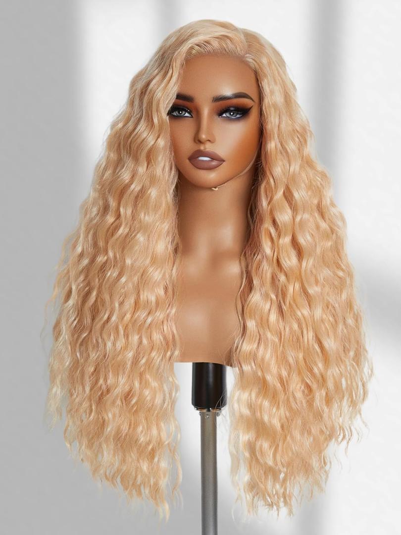 GORGIUS Blonde Glueless Ocean Wave Wig Pre Cut Synthetic Lace Front Wigs Side Part Long Wig For Women 28 Inch