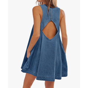 Women’s Denim Dress Summer Casual Sleeveless Jean Mini Dresses with Pockets Size S