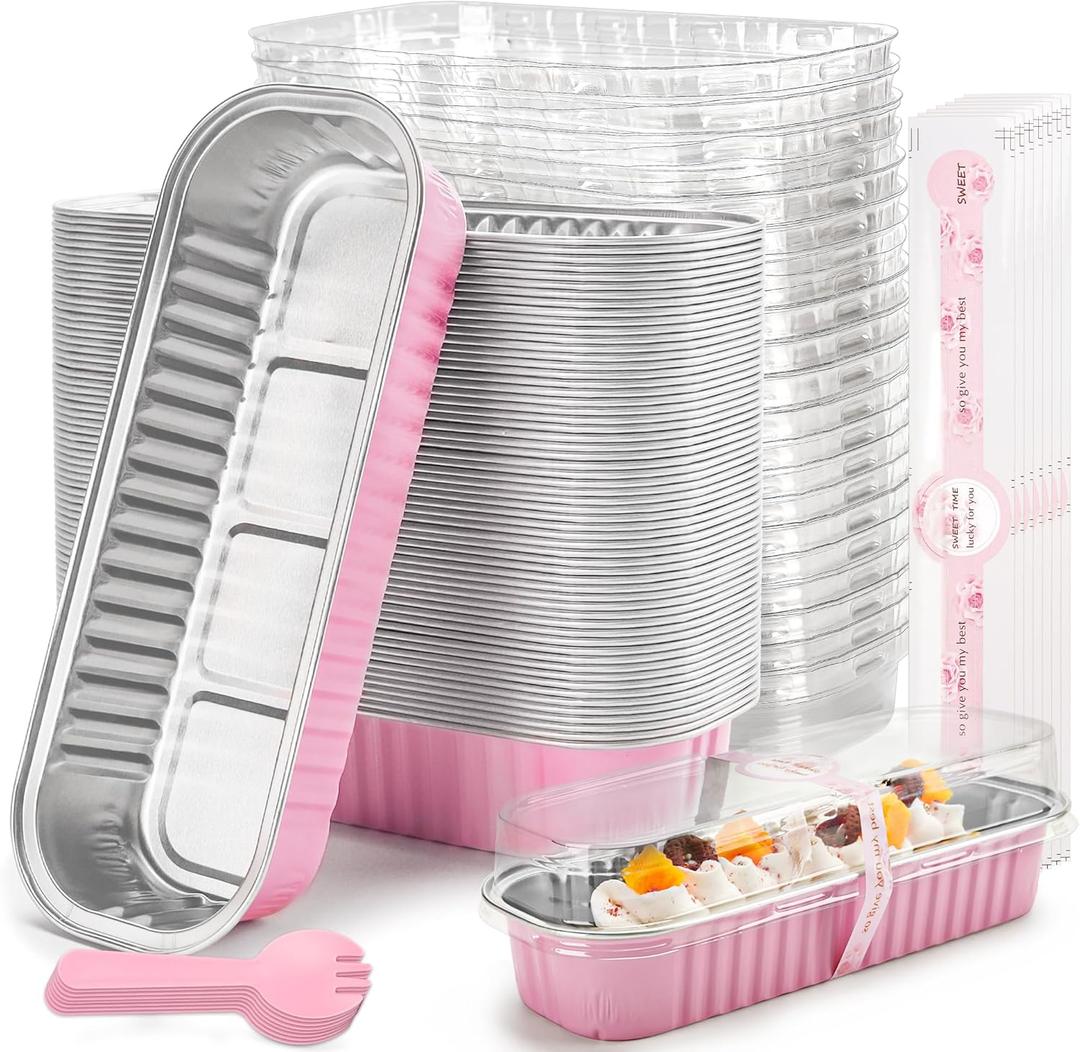50 Pack Mini Loaf Pans with Lids Rectangle Individual Cake Pans Aluminum Foil Pans for Large Gatherings Picnics Vacations Parties (Pink, 6.8 OZ)