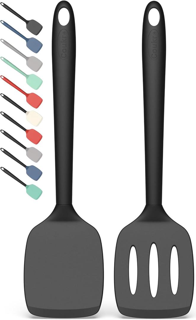 Coukre 2 Pack Silicone Spatula Set, High Heat Resistant, BPA Free Kitchen Spatula, Solid & Slotted Turner for Non-Stick Pans, Sauting, and Flipping (2, PureBlack)