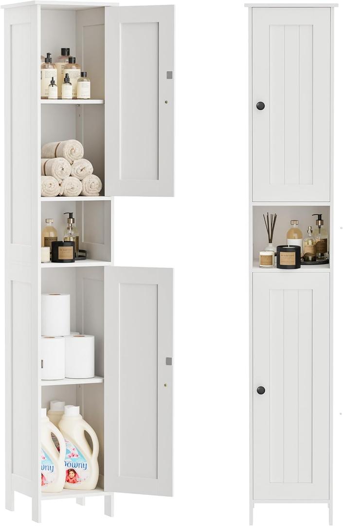 Homleke Tall Bathroom Storage Cabinet with 2 Doors, 67"H Narrow Storage Cabinet with Adjustable Shelves& Anti-Tip Design, Reversible Door Installation, Easy Assembly, Size: 11.8"W