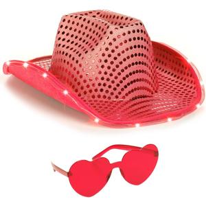 Funcredible Light Up Cowboy Hat and Glasses - Sparkly Disco Cowgirl Hat - Sequin Cowboy Hat for Women - Cowgirl Costumes