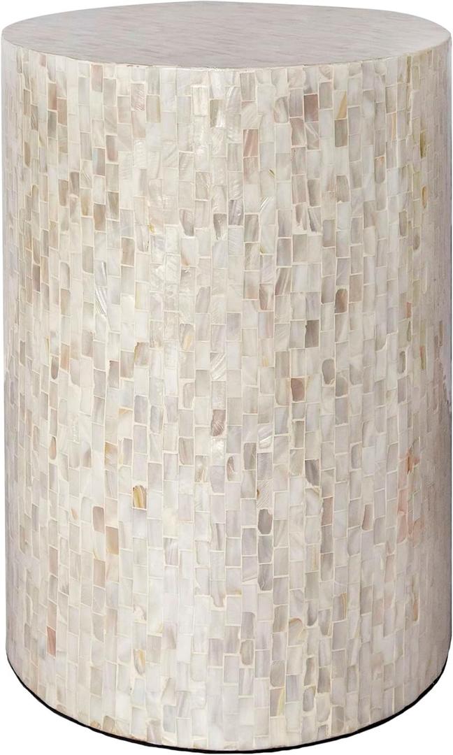 PEMAR Mother of Pearl Cylinder Drum End Table Nacre Side Stool Round Accent Table Coffee Bedside Nightstand and Vanity Stool 13" Diameter x 19.3" High Pearl White & Cream