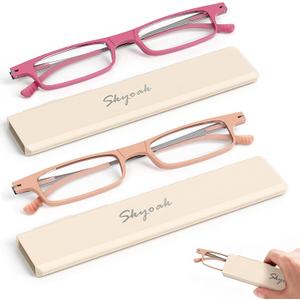 SKYOAK 2 Pack Ultra Thin Lightweight Folding Reading Glasses for Women, TR90 Compact Anti Blue Light/Eyestrain Computer Readers, Foldable Unique Stretchable Slim Flat Case, Rose and Pink +1.5