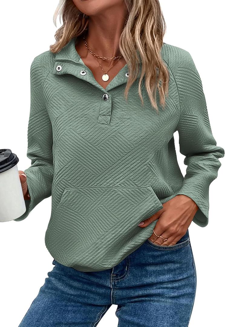 KIRUNDO Womens Sweatshirt Casual Textured Long Sleeve Henley Button V Neck Loose Pullover 2025 Trendy Fall Outfits Tops (Sage Green, Small) (Green, S)