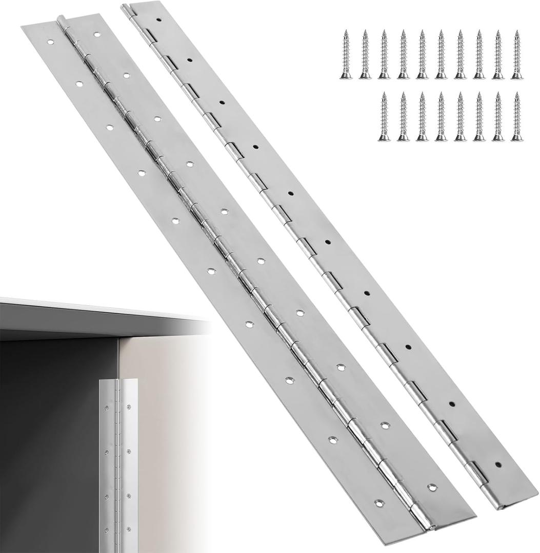 2 Pack Heavy Duty Piano Hinges, 48 Inch x 3 Inch Open Width Stainless Steel Piano Hinge 0.06" Thick Sliver Continuous & Piano Hinges with Screws for Wood Furniture, Door, Wooden Box (Silver)