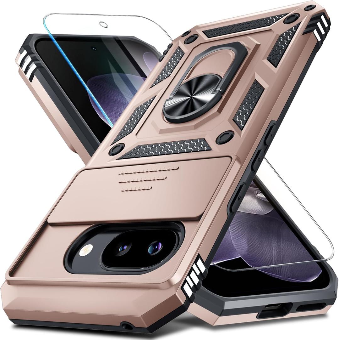 Janmitta Case Compatible with Google Pixel 9A Built in Slide Camera Lens Cover+Screen Protector+Finger Ring Holder Kickstand,Heavy Duty Shockproof Full Body Protective Phone Cover,Rose Gold