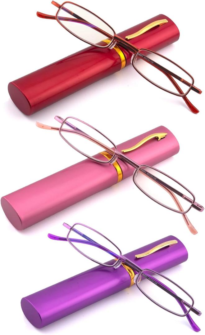 3 Pack Slim Pocket Reading Glasses for Men Women Blue Light Blocking Compact Readers Spring Hinge Metal Frame (Red Pink Purple)