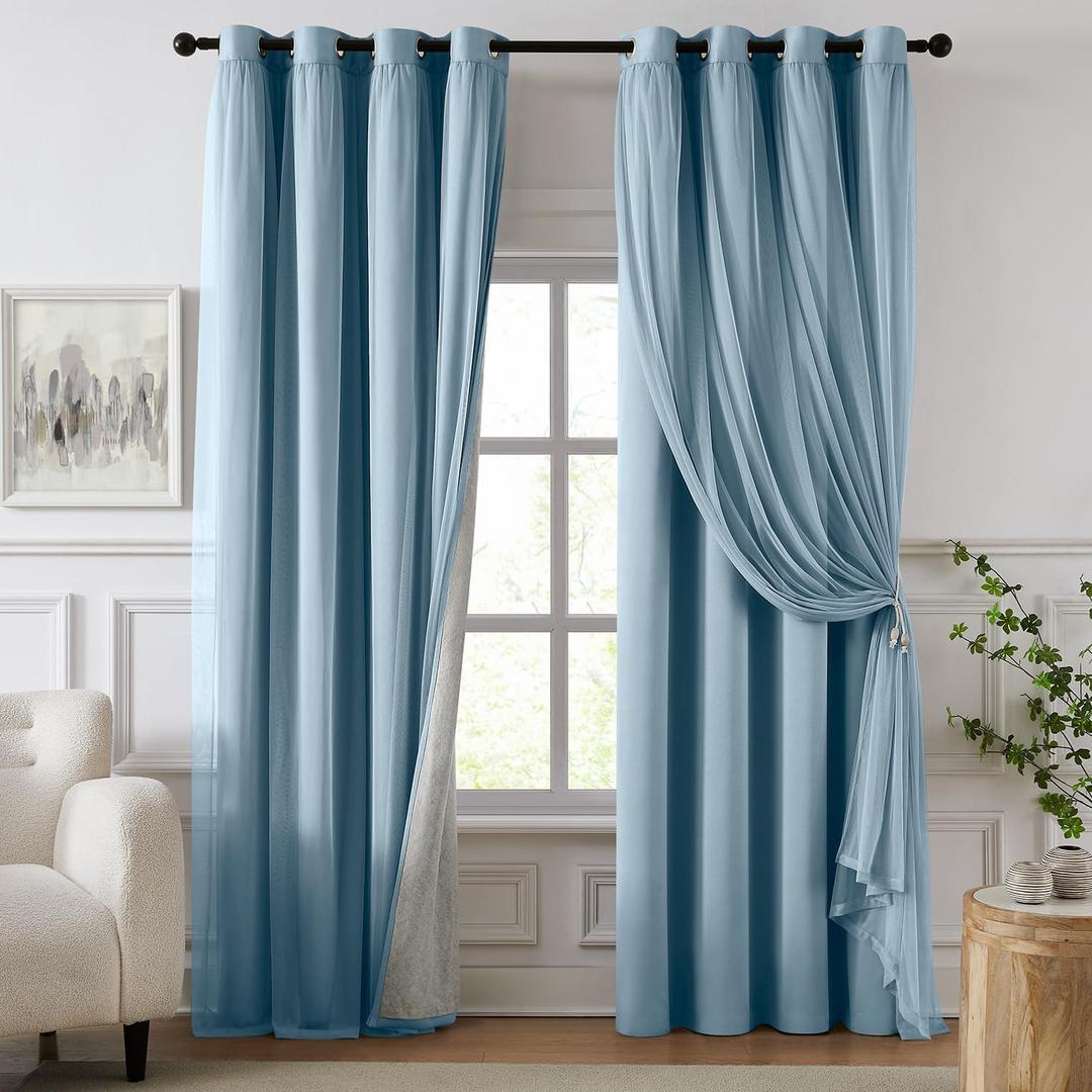 100% Blackout Curtains for Bedroom, Double Layer Blue Curtains, Black Out Curtain 84 inch Long with Sheer Overlay for Living Room, Room Darkening Window Drapes with Grommet, 52" W x 84" L