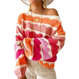 Urchics Womens Fall Long Sleeve Knit Sweater Oversized Drop Shoulder Striped Color Block Winter Pullover Sweater Tops (XX-Large, A-rose Red)