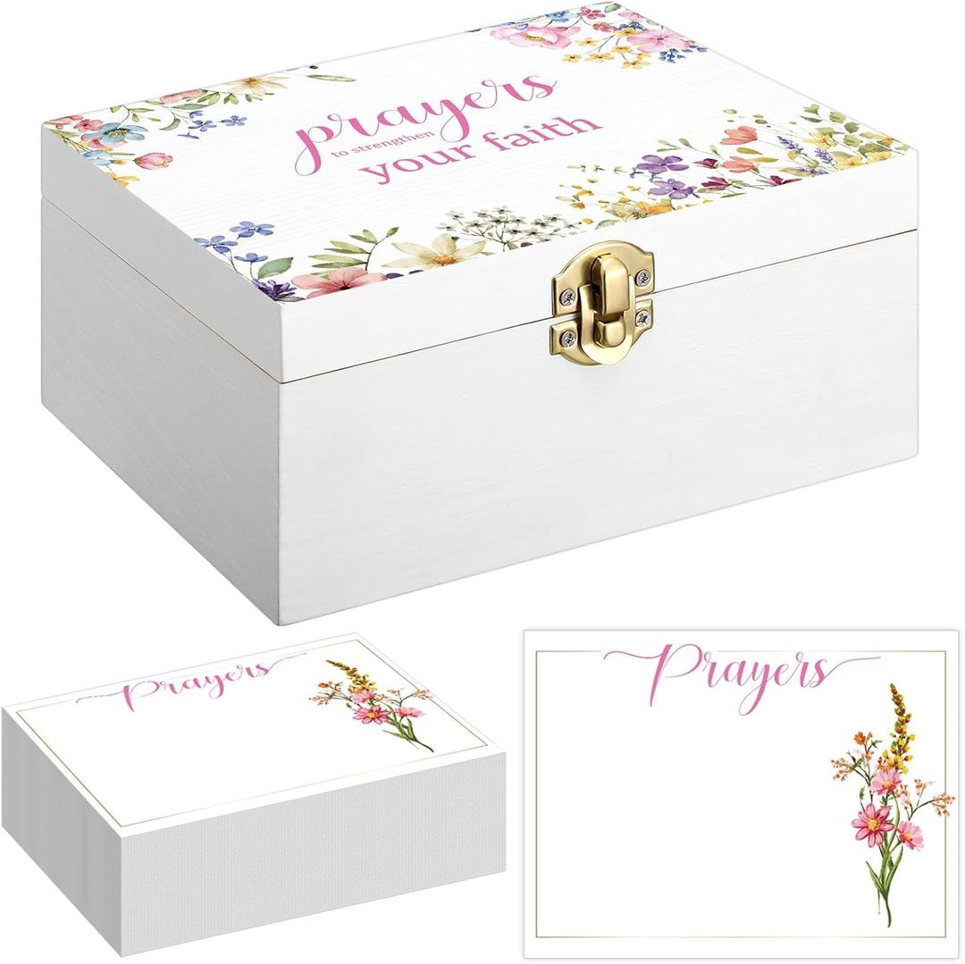 Prayer Box with 100 Pcs Cards to Writes on, 6.8 x 5 x 3 Inches Blank Wooden Prayer Request Cards Box for Women Christian Bible Christmas Nativity Gifts(Flowers)