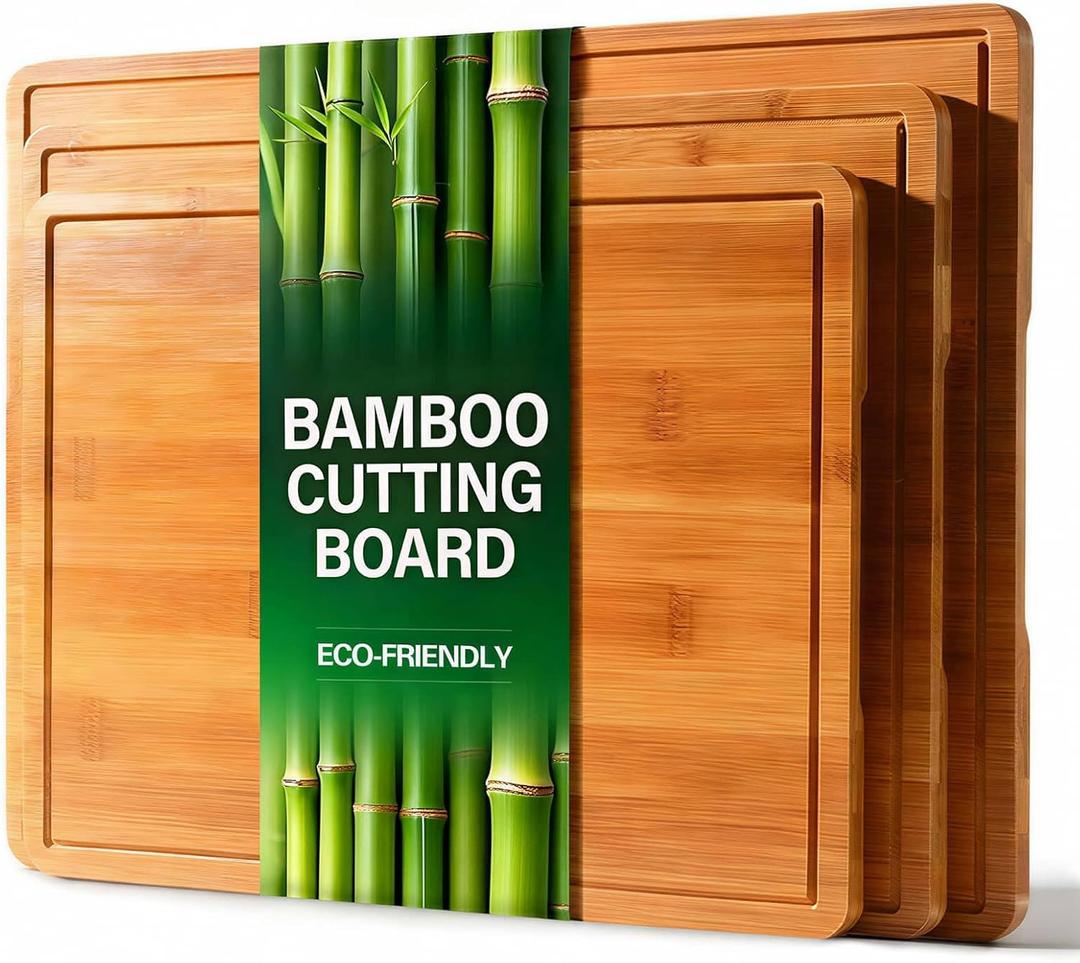 Zarler Bamboo Cutting Boards for Kitchen, Durable Wood Cutting Board with Juice Grooves and Handles, Wooden Chopping Board Set for Meal Prep, 500 Carbonized Bamboo, XL Size, Ideal Kitchen Gift