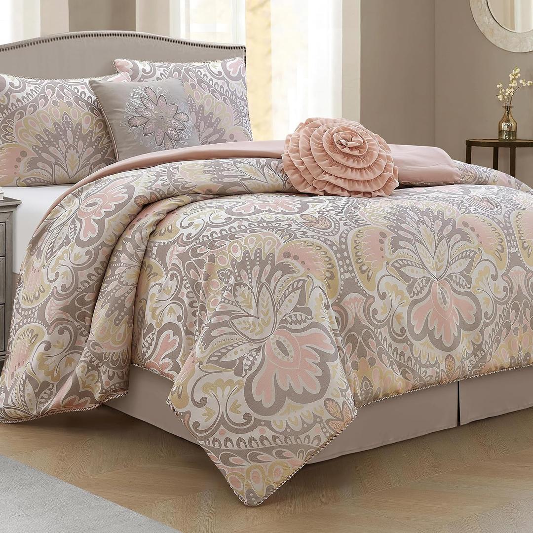Blush 6 Piece Comforter Set, Queen, Elegant Floral Jacquard, Ultra Soft Bed Set for All Seasons, Bed in a Bag, Include Comforter, Bed Skirt, Pillow Shams & Decor Pillows