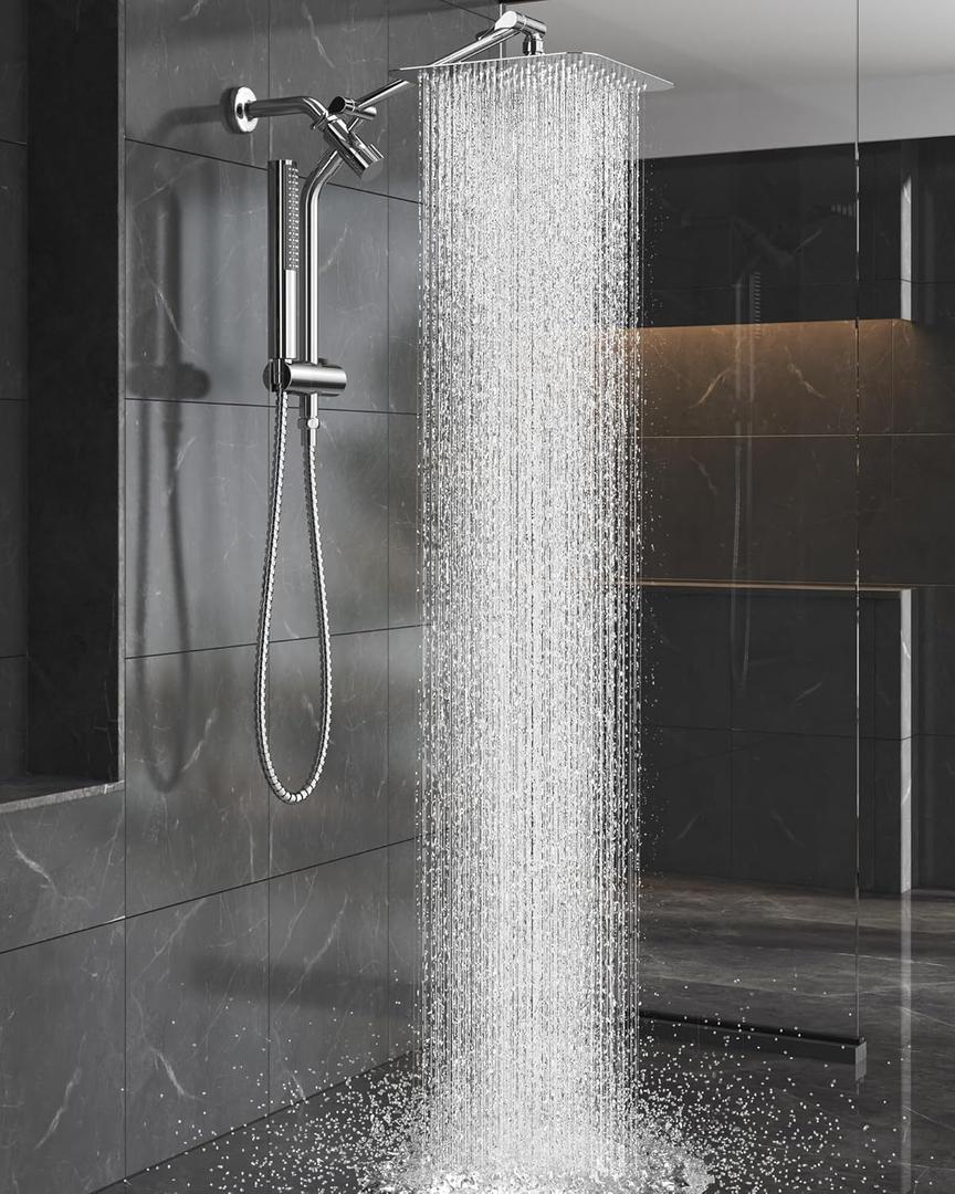 Veken 10'' All Metal Rain Shower Head with Handheld Spray Combo, Hand Held Bathroom Showerhead Combo with Extension Arm, Dual shower with Power Wash, Adjustable Rainfall Shower Head, Chrome