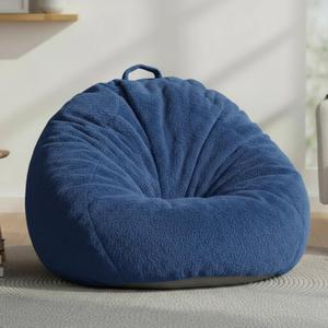 Faux Rabbit Fur Bean Bag Chair Cover Only (No Filler), Stuffed Animal Storage Bean Bag Cover, UltraSoft, Washable, Zippered, NonSlip Bottom, Handle,Living Room Furniture for Adults Blue