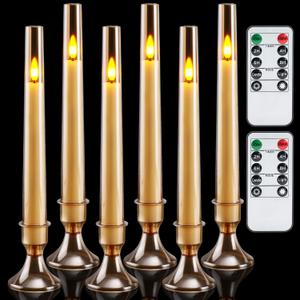 Homemory 6 Pcs Flameless Taper LED Candles with Remote and Timer, 3D Wick Flickering, Window Candles with 2 Light Modes, Battery Operated for Xmas Wedding Decor, 9.6 Inch, Gold