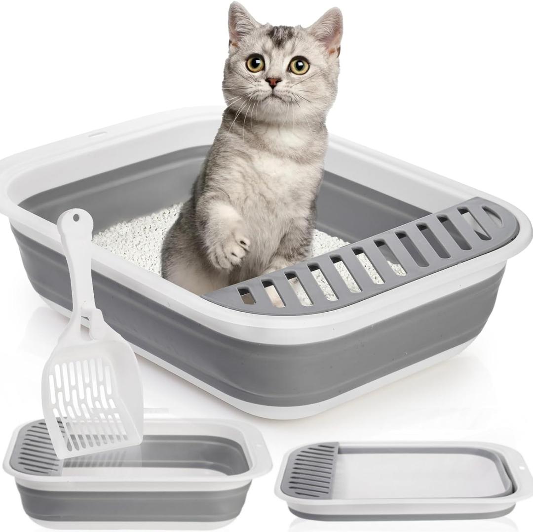 Tlence Collapsible Small Cat Litter Box, 17.7'' Open Foldable Kittens Potty with Scoop, Shallow Anti Splash Travel Cat Toilet, Semi Enclosed Height Adjustable Sides Litter Pan for Sick Frail Cat Grey