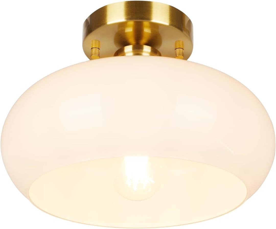 Gold Semi Flush Mount Ceiling Light Mid-Century Vintage Hallway Light Fixtures with Milk Glass Shade Schoolhouse Style Brass for Entryway Kitchen Bedroom Foyer Bathroom, 10.7 Inch