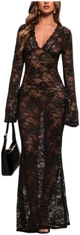 SHENHE Women's Black Lace Mesh Maxi Dress Sheer Sexy Floral Long Sleeve Bodycon Dresses M