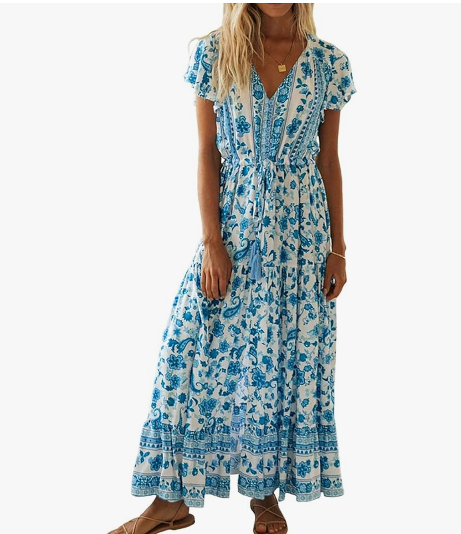 Women's Floral Short Sleeve V Neck Maxi Dress Button Front Drawstring High Waist Flowy Bohemian Vacation Long Dresses M