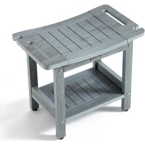 HDPS Shower Bench for Inside Shower, Gray Waterproof Shower Stool for Shaving Legs, Poly Lumber Shower Chair Seat with Handles & Shower Head Holder, Bathroom Shower Foot Rest Stool with Storage Shelf