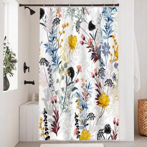 Floral Shower Curtain, Yellow and Blue Wild Flower Shower Curtain Set for Bathroom Waterproof Fabric Spring Bathroom Curtain with Hooks, 48x72 Inch