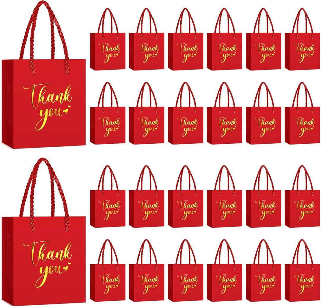 Honoson 30 Pcs Mini Gift Bag with Handle 4 x 2.75 x 4.5'' Small Thank You Bag Foil Paper Tote for Wedding Baby Shower Birthday Graduation and Mothers Day Party Favors(Red/Gold)