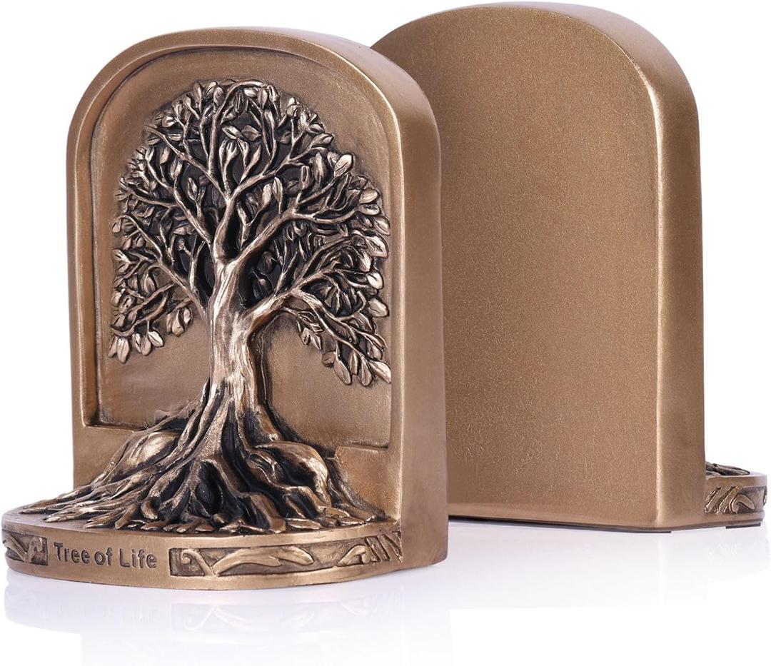 Antique Bronze Color Tree of Life Bookends Set, 2 Non-Skid Heavy Bookends for Shelves or Bookcase, Decorative Bookends for Desktop Shelf Decor, Library Office Decor, Home Dcor Gift (Small)