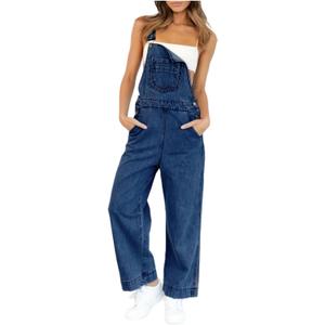 imesrun Womens Jean Bib Overalls Adjustable Casual One Piece Jumpsuits Revolt Juniors Stretch Wide Leg Loose Denim Pants (Medium, Navy)