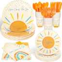 Whaline 168Pcs Here Comes the Son Baby Shower Decorations Tableware Set Boho Sun Dinnerware Retro Sunshine Disposable Plates Napkins Cups and Cutlery For 24 Guest Birthday Party Supplies