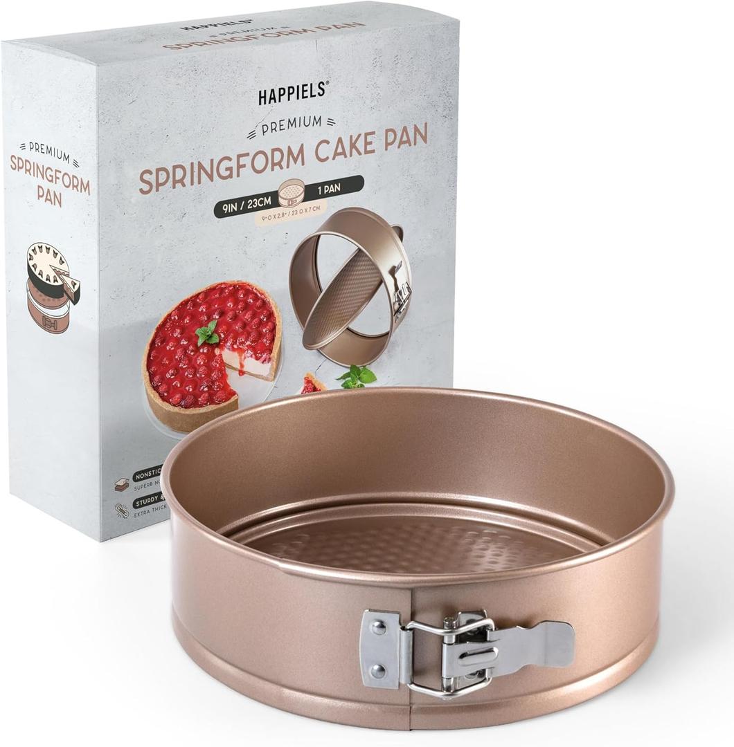 HAPPIELS Non Toxic Nonstick 9 inch Springform Pan | 9'' Cheesecake Mold | Leakproof Spring-form Round Cake Pans | Nontoxic Non Stick Spring Form Pan for Baking | Spring-Form Pans Leak Proof (Champagne Gold)