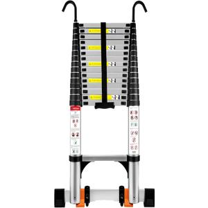 Telescoping Ladder with Hooks, 20.3 FT, Stabilizer & Wheels, Silver