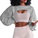 LovelyWholesale Womens Crewneck Cropped Sweatshirt Long Sleeve Super Crop Top Workout Gym Aesthetic Grey Large (L)