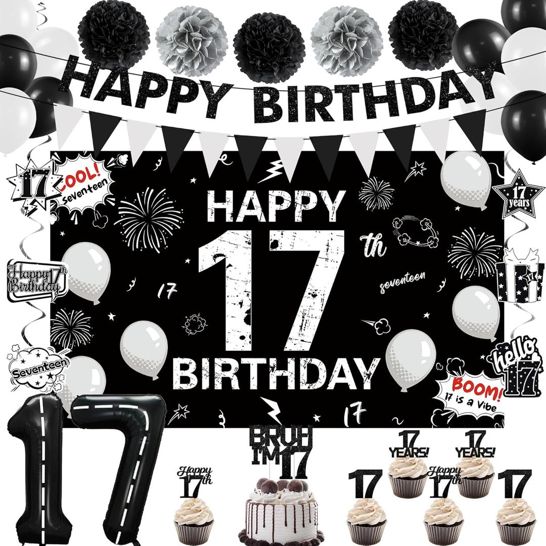 Holkcog 17th Birthday Decorations for Boys Girls, Black 17th Birthday Decorations Supplies, 17 Number Ballons Gifts, Black Glitter Bruh I'm 17 Cake Topper Cupcake, Bro I'm 17 Party Backdrop Banner