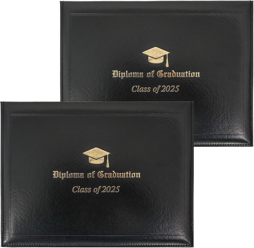 GraduationMall Leatherette Imprinted Diploma Cover for Certificate 8.5"x 11" Class of 2025 Padded Graduation Diploma Holder Black, 2 Packs