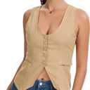 Womens Casual Scoop Neck Vest Summer Sleeveless Fitted Waistcoat Suit Button Down Business Crop Tops (S)