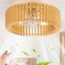 Wood Caged Ceiling Fans with Lights and Remote,Farmhouse Flush Mount Ceiling Fan with Light, Rustic Ceiling Fans Low Profile Bladeless Wooden Fandelier for Bedroom, Dining Room, Kitchen(Natural) (Gold)