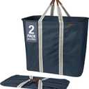 CleverMade Collapsible Laundry Basket Hamper - Navy Noir Cream 2-Pack 64L - Space Saving Storage Organizer with Handles Foldable Home Organization