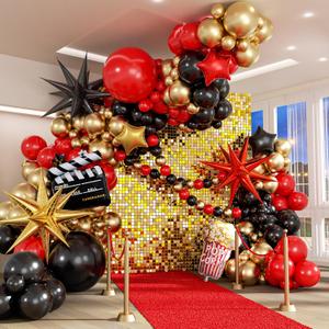 Movie Night Balloon Arch Garland Kit with Red Black and Gold Balloons Foil Balloons for Birthday Movies Night Theater Movie Theme Party Decorations